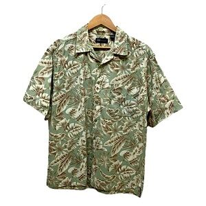 Faded Glory 100% cotton short sleeve button down casual shirt, green/tan, M